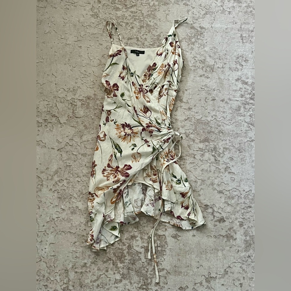 Lulu's Sunny Spell Ivory Floral Print Jacquard Wrap Mini Dress - Picture 2 of 3